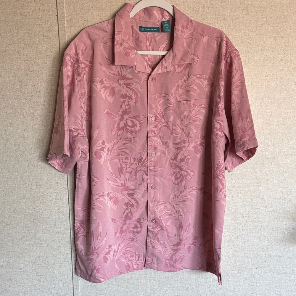 Cubavera Men's XL Pink Hawaiian Shirt Floral Camp Collar Tropical Resort Coastal